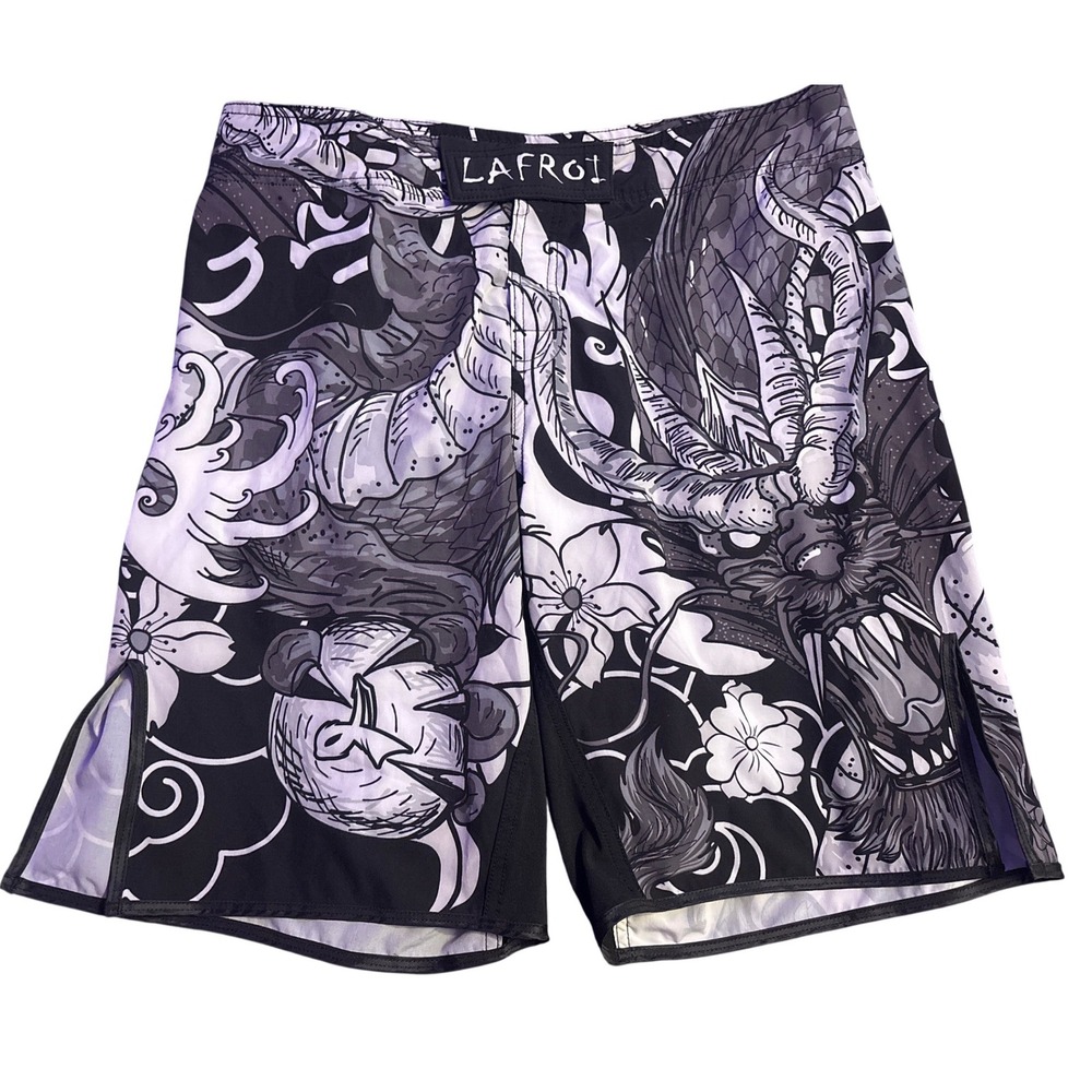 LAFROI Dragon Tattoo Board Shorts Black Gray Japanese Graphic Swim Trunks M
